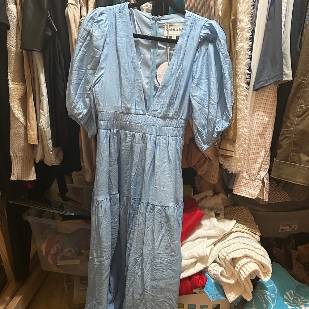 Selfie Leslie Light Blue Puff Sleeve Midi Dress